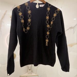 Mendocino Angora Lambswool Blend Sweater Black Gold Beaded Embellished M